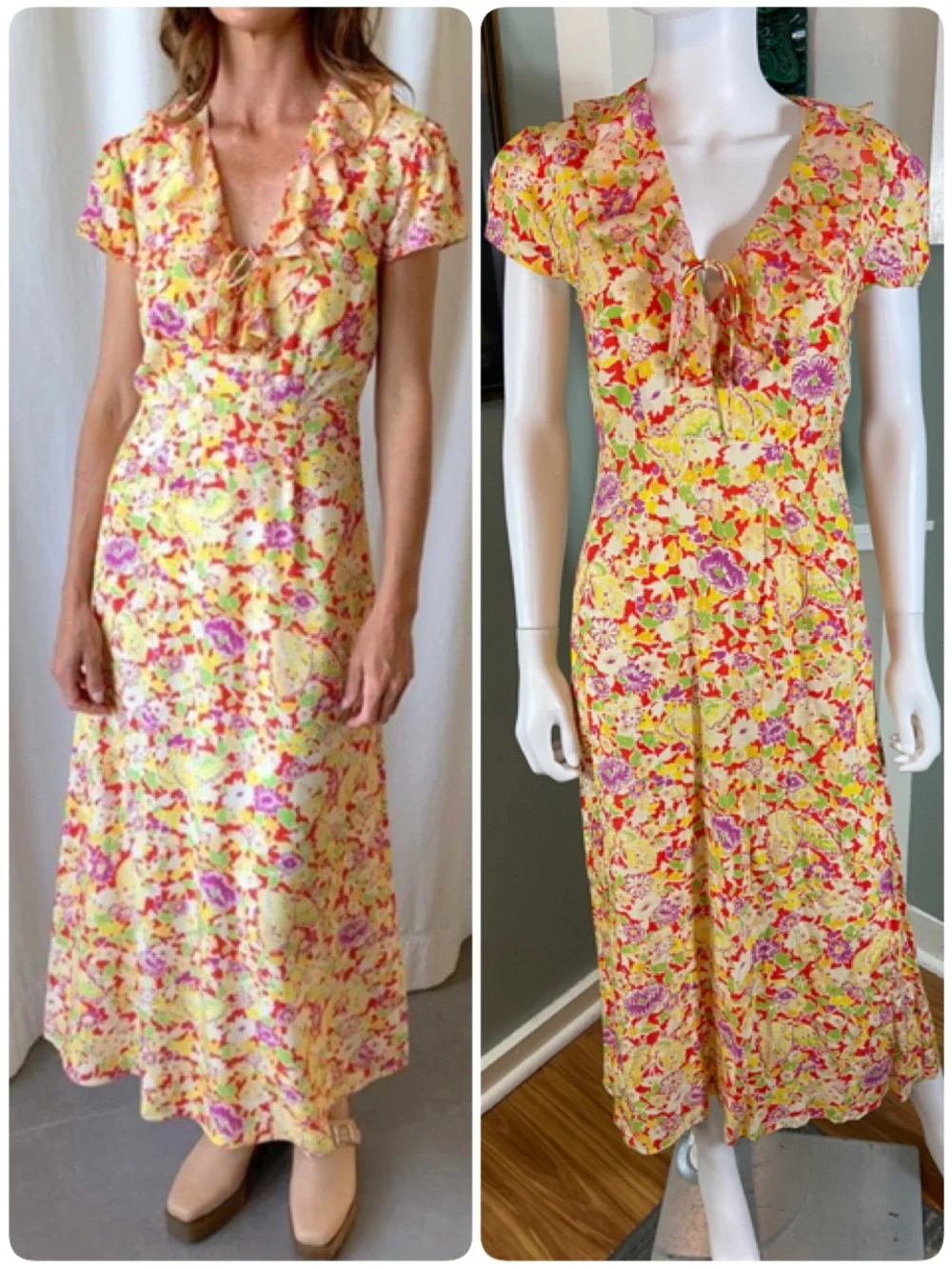 RIXO Jenna Red Summer Meadow Yellow Floral Maxi/Midi Dress Ruffle Sz 2